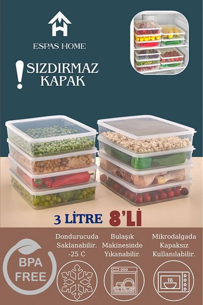 Espas Home 8-Piece Leakproof Freshbox Storage Container – Microwave and Refrigerator Compatible / 3000 ml – Transparent