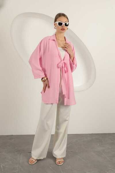 LE CARAMBOLE Women's Pink Tie Detail Shirt Collar Summer Kimono Cardigan