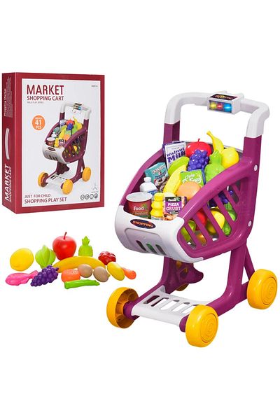 WePro Store Coș de cumpărături pentru copii, violet, lumini, sunete, 41 de accesorii, fructe, legume, bani, 3+ ani