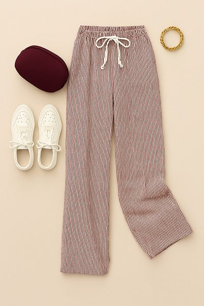 OTAKU Women's Waterway Fabric Wide Leg Striped Lace-Up Double Pocket Pants