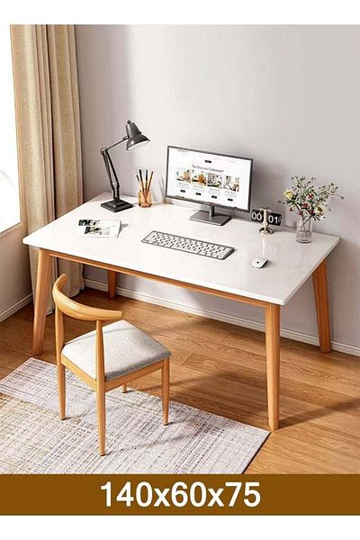 Taimi White Modern Dinning Table, Computer Desk, Office Desk, with Solid Wood Legs, 140x60x75cm