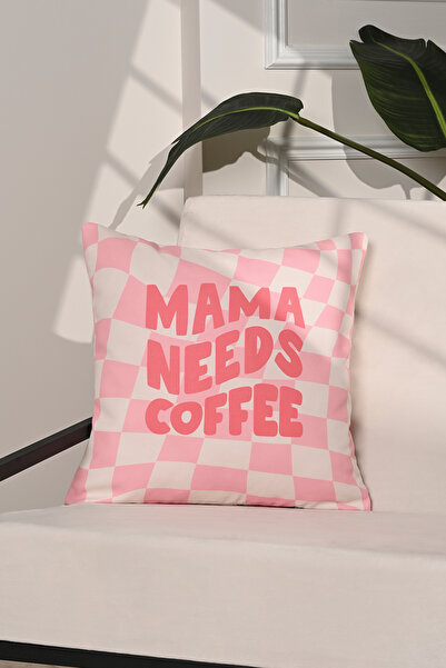 decofav Husă de pernă Mama Needs Coffee roz în carouri – 43x43cm