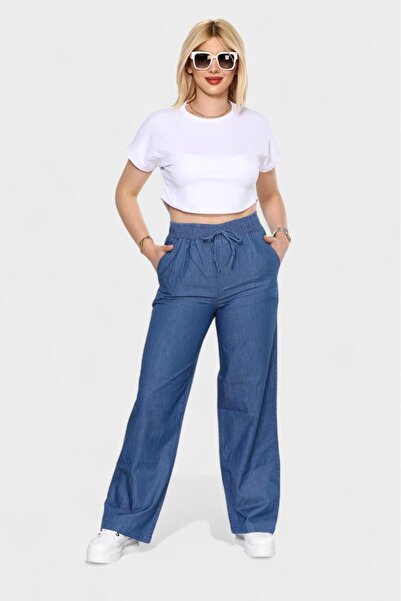 NEWCO beli lastikli bağlama detaylı cepli denim bol paça pantolon