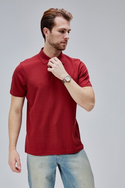 M MOONCOVER Moon Cover Men's Standard Fit Waffle Fabric Polo Neck T-Shirt – Burgundy