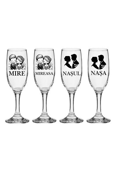 OEM Set pahare Sampanie din sticla, personalizate, Miri si Nasi, pentru nunta, model 4