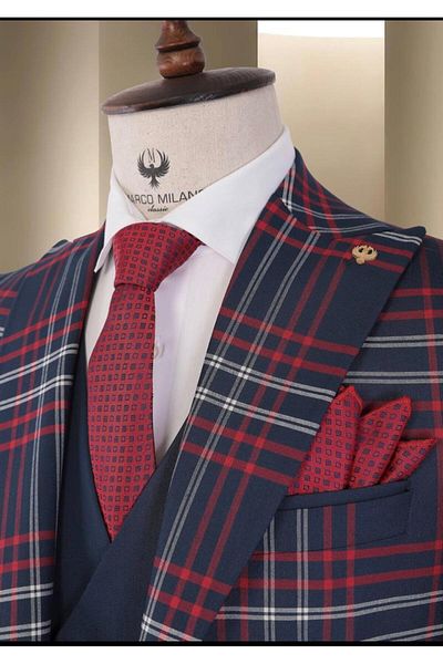 marco mılano Men's Suit, Dark Blue with Red and White Checks, Slim Fit, 3 Pieces
