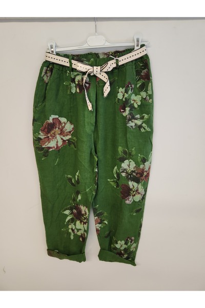 della moor Women's Green Italian Floral Patterned Linen Trousers