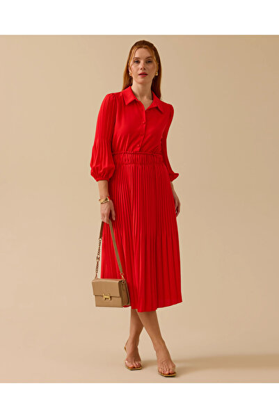SEÇİL Gömlek Yaka Uzun Kollu Pliseli Elbise