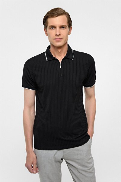 SÜVARİ Siyah Slim Fitilli Polo Yaka Tişört