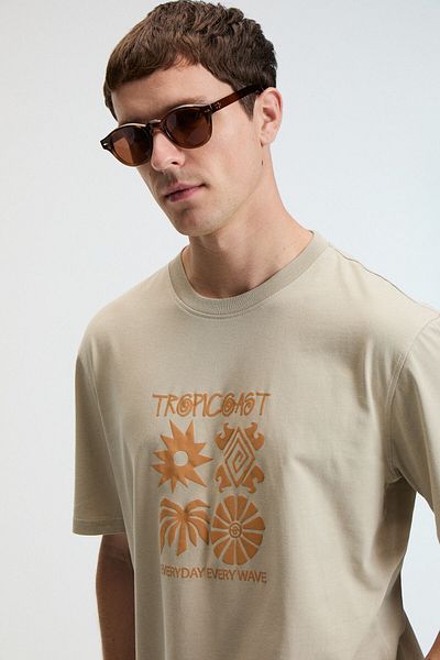 GRIMELANGE Sweet Men's 100% Cotton Oversize Fit Printed Short Sleeve Round Neck Stone Color T-Shirt