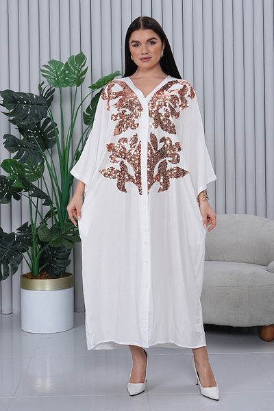 EL jadida Women's Sequined Buttoned Plus Size Viscose Long Dress White
