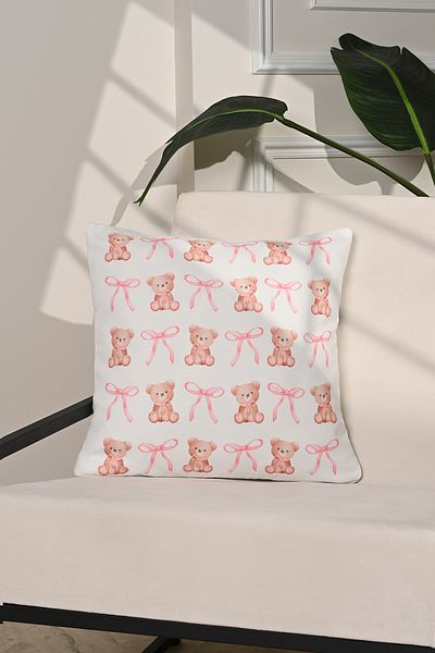 decofav Husă de pernă pentru cameră pentru copii cu model ursuleț și panglică roz bebeluș – 43x43cm