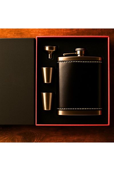 PERLOTUS 8 oz 240 Cc Patent Leather Black Genuine Leather Whiskey Flask Shot Glass Set Boxed Father's Day