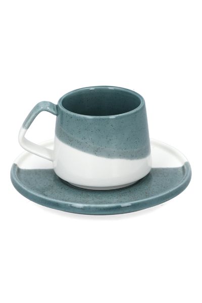 EasyLife Porcelain Microwave and Dishwasher Safe Coffee Cup and Saucer Set Green and White 130ml