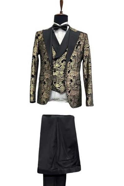OEM Formal Suit, Slim Fit, 5 Pieces, Jacket and Vest with Floral Pattern, Black