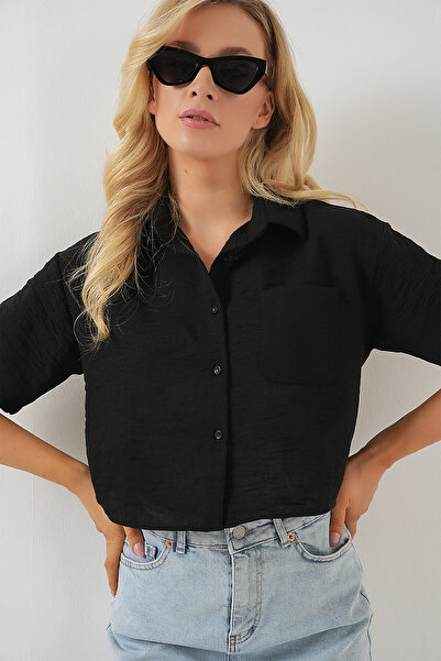Bigdart Kadın Kısa Kol Crop Gömlek 20341 - Siyah