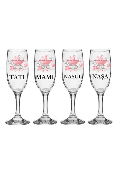 OEM Set pahare Sampanie din sticla, personalizate, Parinti si Nasi, pentru botez fetita, 4 bucati