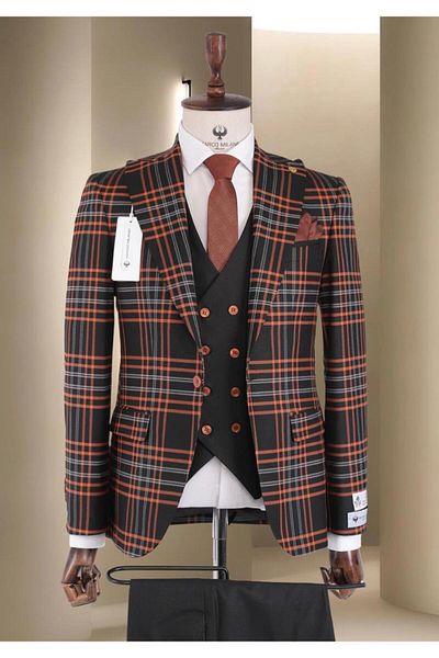 marco mılano Men's Slim Fit Suit, Black with Orange Checks, Waist 1