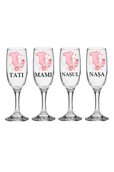 OEM Set pahare Sampanie din sticla, personalizate, Parinti si Nasi, pentru botez fete, 4 bucati
