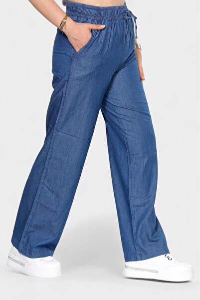 NEWCO beli lastikli bağlama detaylı cepli denim bol paça pantolon