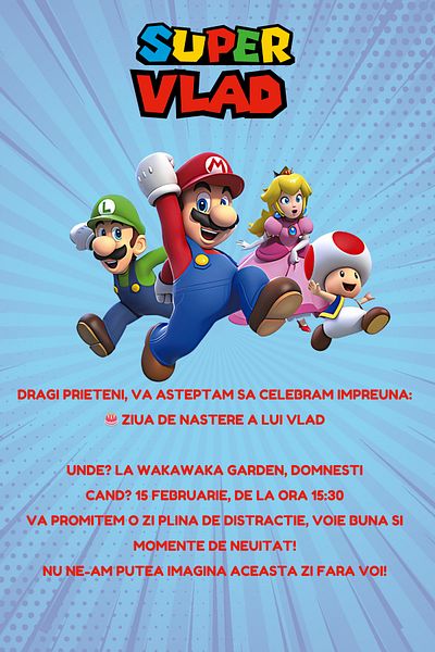 OEM Set 10 invitatii personalizate pentru aniversare copii, plic inclus, 10x15 cm, tematica Super Mario