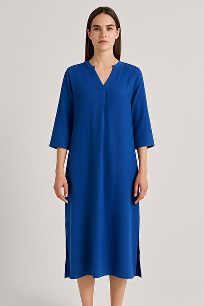 Çeşme Home Cobalt Blue Linen Dress with Pockets – Summer V-Neck Relaxed Fit Casual Dress (S-M / L-Xl)