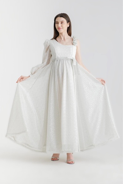 Desen Hamile Giyim Krem Tek Omuz Uzun Hamile Abiye Elbise