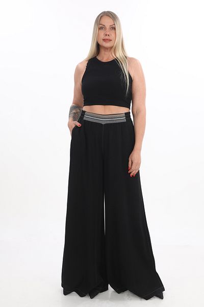 EXİTLİNE Women's Wide Leg Summer Navy Blue Trousers with Elastic Waist Belt