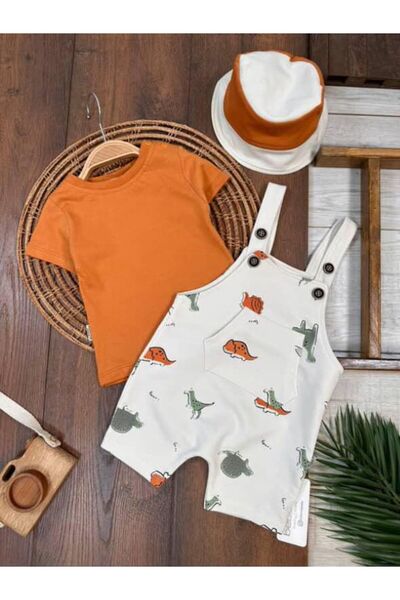 Little Baby Safari Şapkalı Omuzdan Çıtçıtlı Body Dinazor Baskılı Salopet Erke...