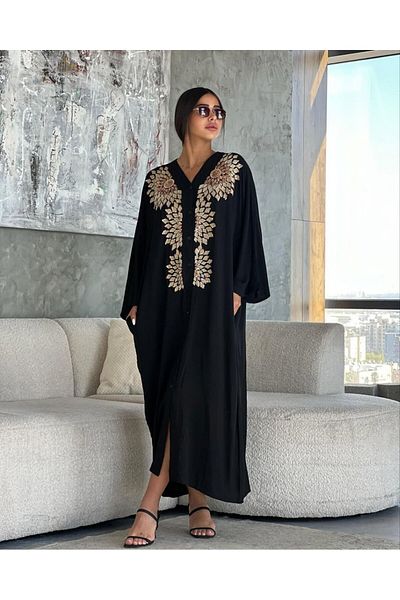 EL jadida Women's Embroidered Sequin Buttoned Plus Size Viscose Long Dress Black