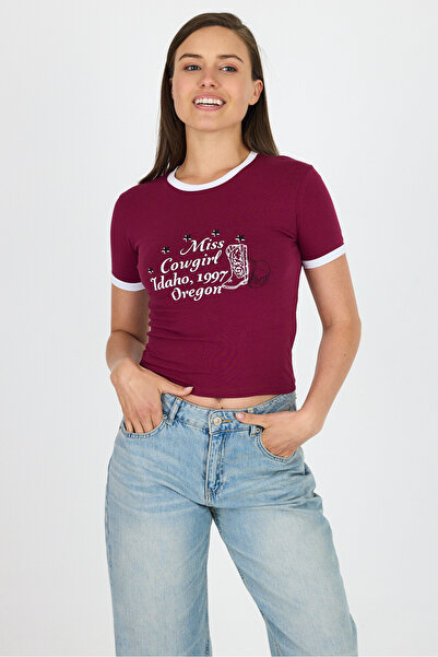 Rays Βουργουνδία με στάμπα με ραβδώσεις λεπτομερές βαμβακερό μπλουζάκι 9191M