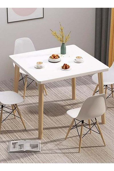 Taimi White Modern Square Dining Table, Solid Wood for Kitchen, Dining Room, Living Room 80x80x72cm
