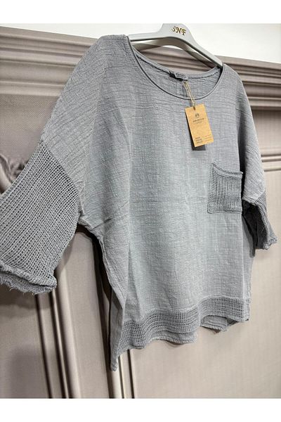 AGORATEKSTİL Women's Oversize Mesh 100% Linen Blouse