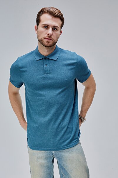 M MOONCOVER Moon Cover Чоловіча футболка зі стандартним кроєм, з вафельної тканини, з поло-коміром – нафтова