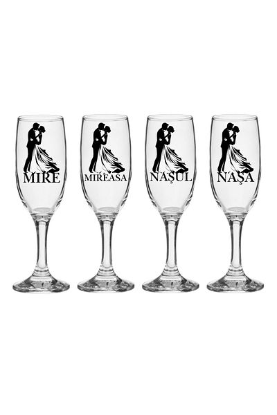 OEM Set pahare Sampanie din sticla personalizate Miri si Nasi, pentru nunta, 4 bucati