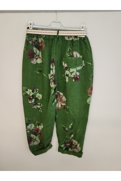 della moor Women's Green Italian Floral Patterned Linen Trousers