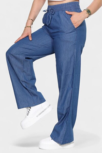 NEWCO beli lastikli bağlama detaylı cepli denim bol paça pantolon