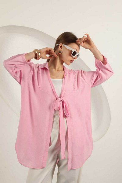 LE CARAMBOLE Women's Pink Tie Detail Shirt Collar Summer Kimono Cardigan