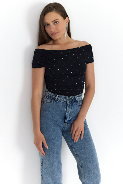 Rays Μαύρη μπλούζα με λαιμόκοψη με λεπτομέρεια με κορδόνι 2462