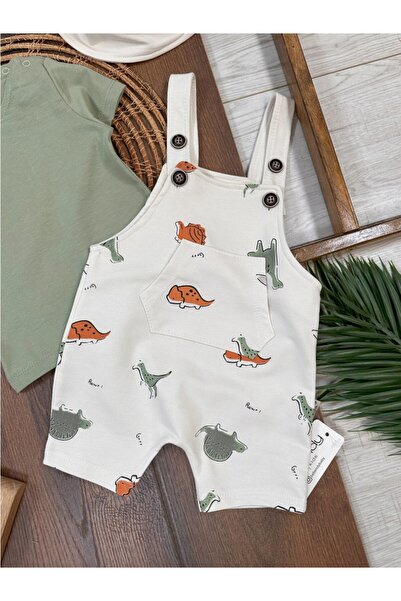 Little Baby Safari Hat Shoulder Snap Body Dinosaur Printed Salopet Baby Boy Set