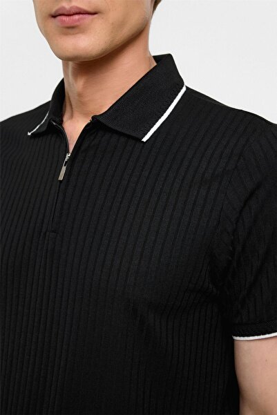 SÜVARİ Siyah Slim Fitilli Polo Yaka Tişört