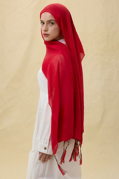FENZA SCARF Brice Red Long Fringe Tassel Cotton Shawl