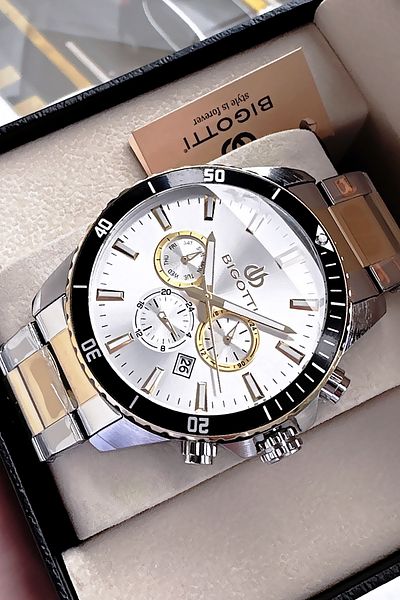 Bigotti Special Boxed 5 Atm Waterproof Men Wristwatch Gold Silver Steel Band + Gift Bracelet Bme2025C2