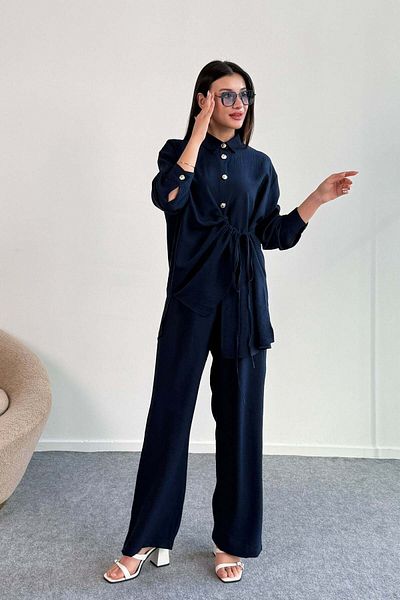 Hatun Atila Shirring Detailed Shirt and Wide Leg Pants Two Piece Set 2504 - Black