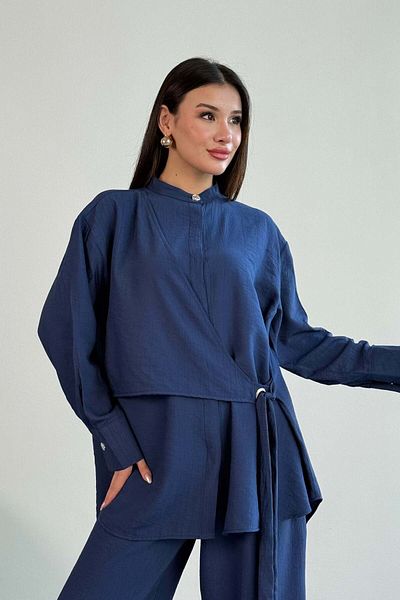 Hatun Atila Lacing Detailed Shirt and Wide Leg Pants Double Set 2519 - Navy Blue
