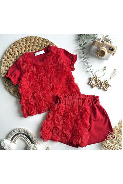 Zuzu Red Girl's Suit with Rose Shorts Skirt