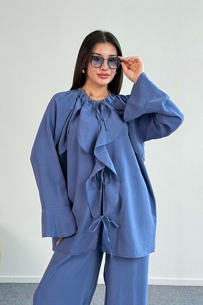 Hatun Atila Ruffle Tie-Up Detail Shirt and Wide Leg Pants Two-Piece Set 2027 - Navy Blue