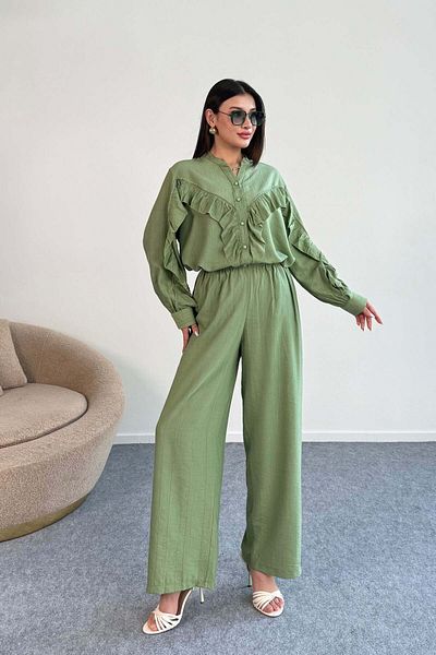 Hatun Atila Ruffle Detail Long Sleeve Shirt and Wide Leg Pants Two Piece Set 8021 - Green