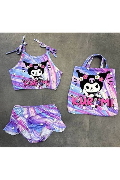 ARBİ kids Female Child Submersible Fabric Three Pieces with Bag Swimsuit Bikini Kuromi Bikini Suit Summer