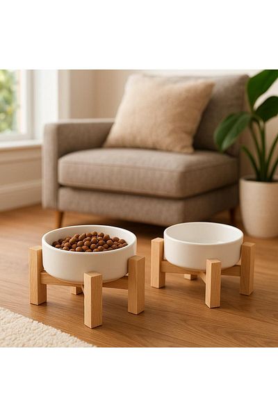 mavitrendd Ceramic Cat Dog Food and Water Bowl with Wooden Stand 2 Pieces Decorative Elevated